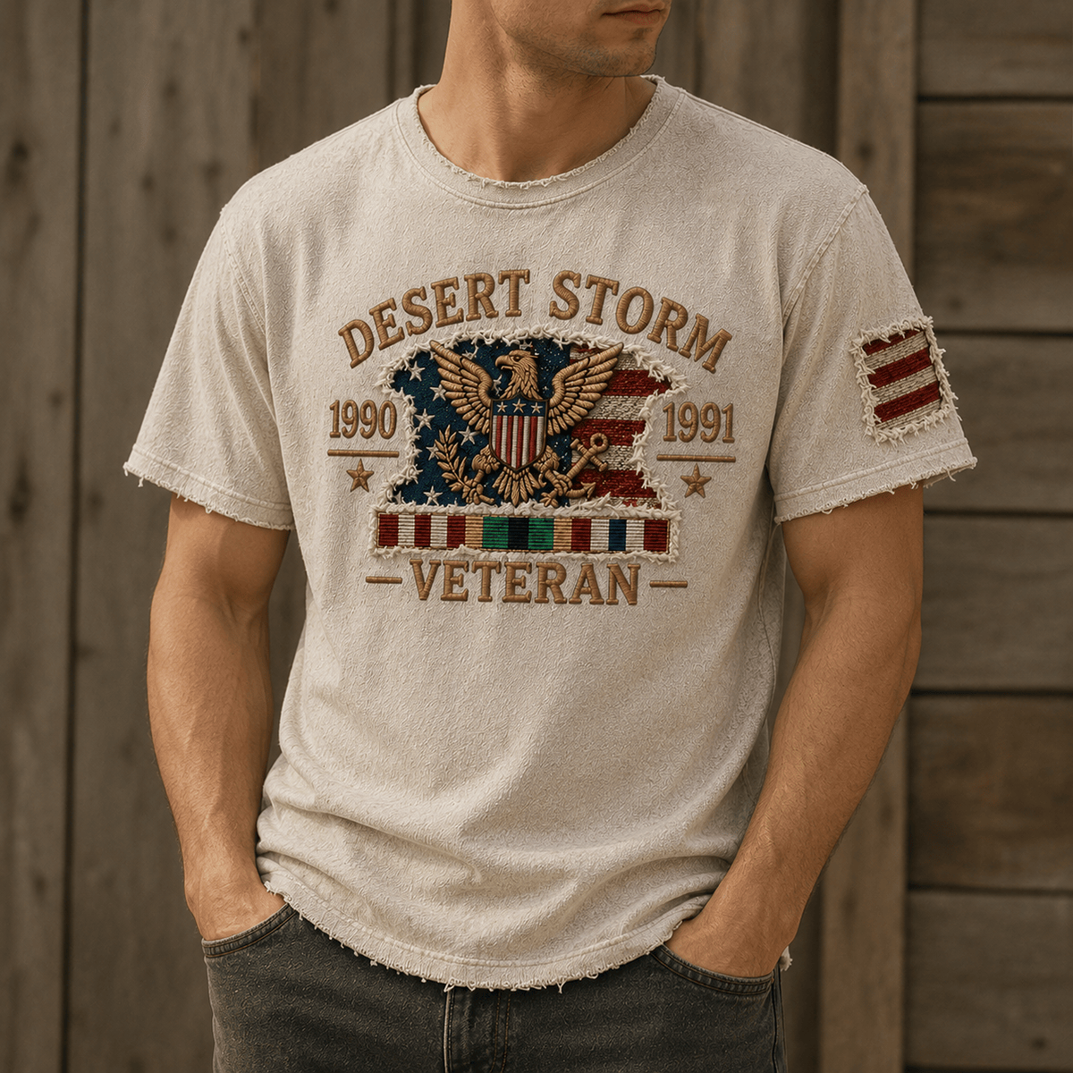 Desert Storm 1990 1991 Veteran Printed T Shirt Military Veteran USA Eagle Vintage Patriotic Gift for Dad Memorial Day