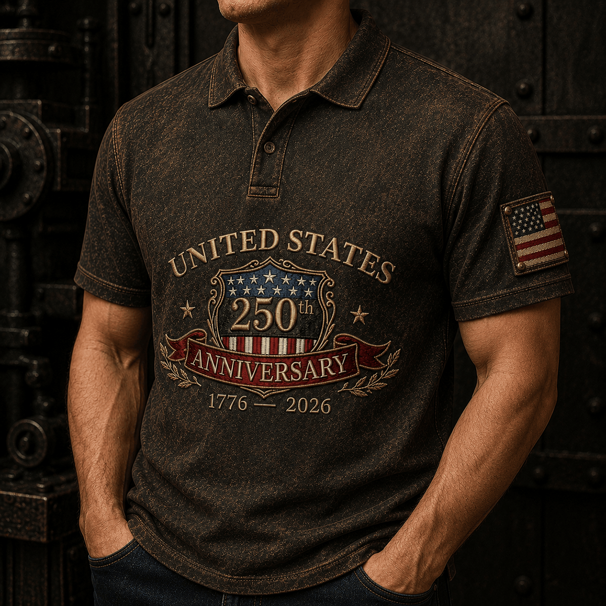 United States 250th Anniversary 1776 2026 Printed Polo Shirt Patriotic USA Flag Independence Day Gift for Men American Pride
