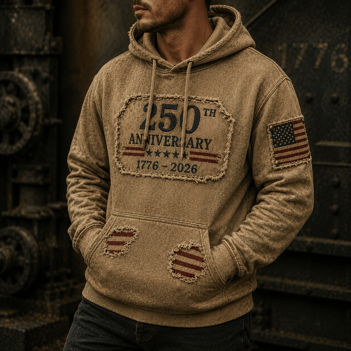 250th Anniversary 1776 2026 Printed Hoodie Patriotic USA Flag Independence Day Pullover American Heritage Gift for Men Veterans