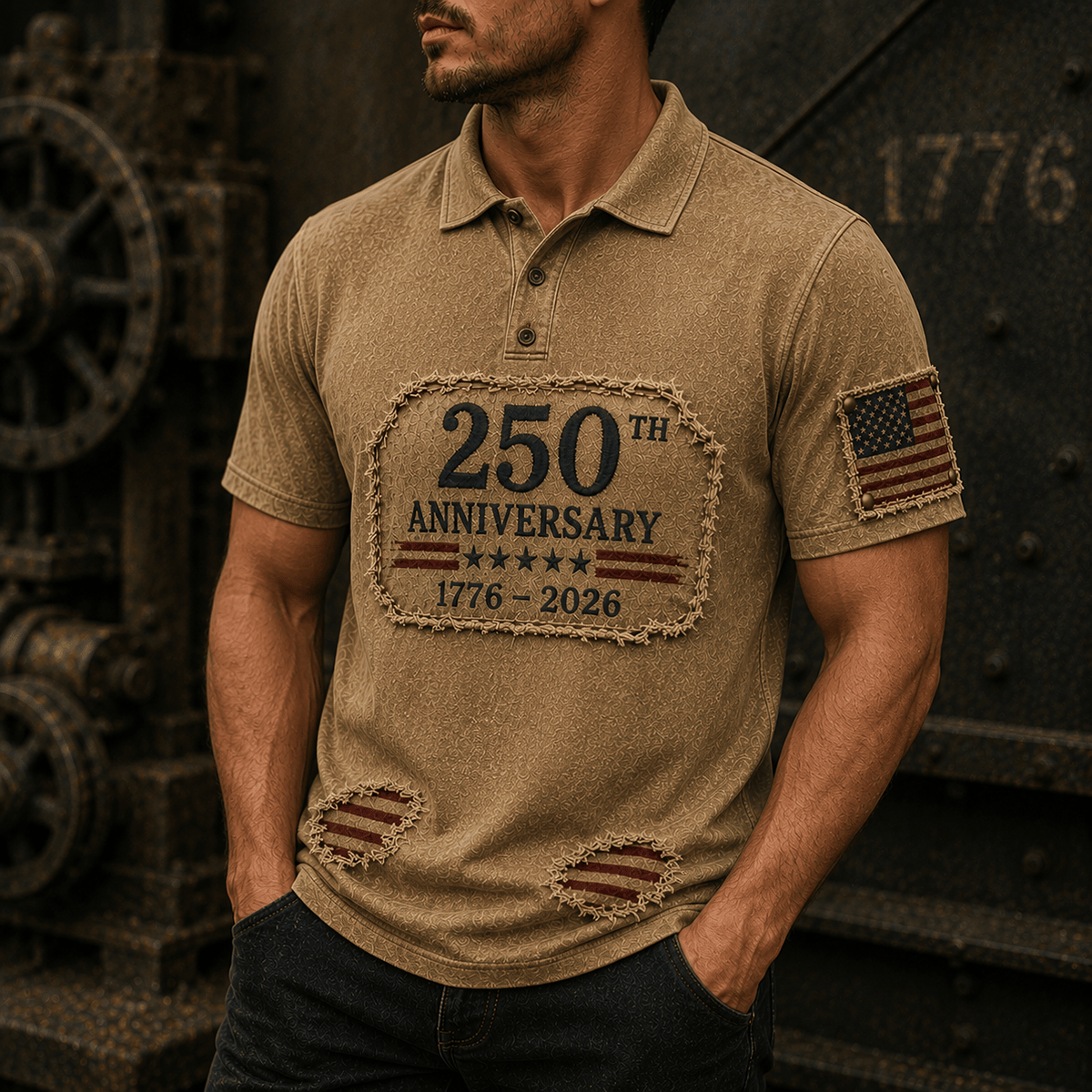 250th Anniversary 1776 2026 Printed Polo Shirt Patriotic USA Flag Independence Day American Heritage Gift for Men Fourth of July