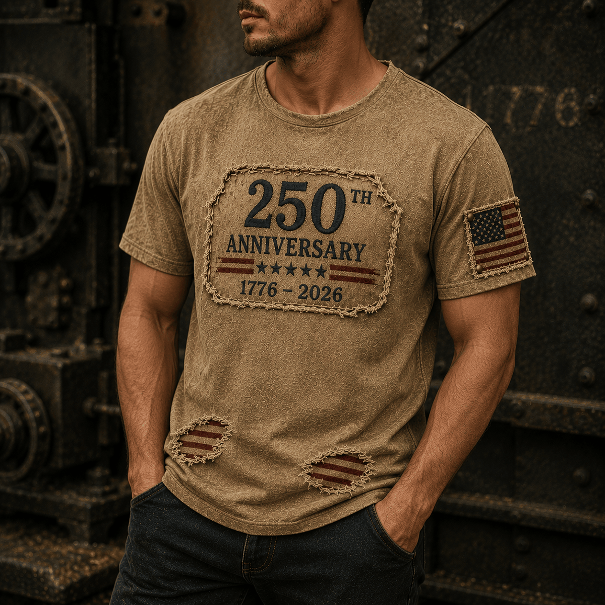 250th Anniversary 1776 2026 Printed T Shirt Patriotic USA Flag Independence Day American Heritage Gift for Men Fourth of July