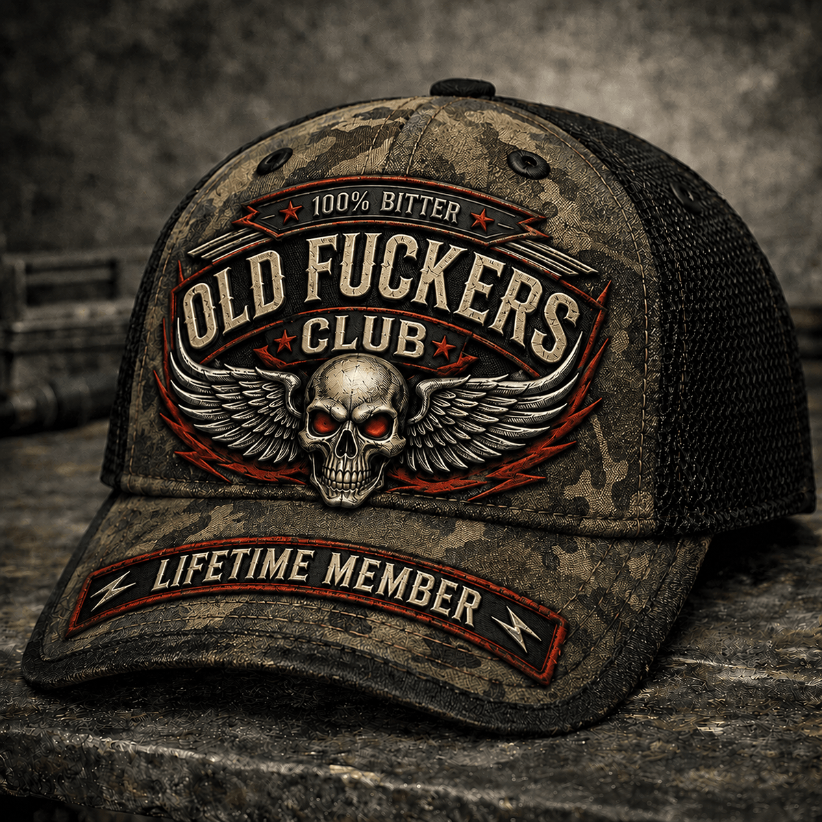 Bitter Old Fuckers Club Lifetime Member Printed Vintage Trucker Cap Skull Wing Biker Hat Motorcycle Rider Gift for Dad Grandpa