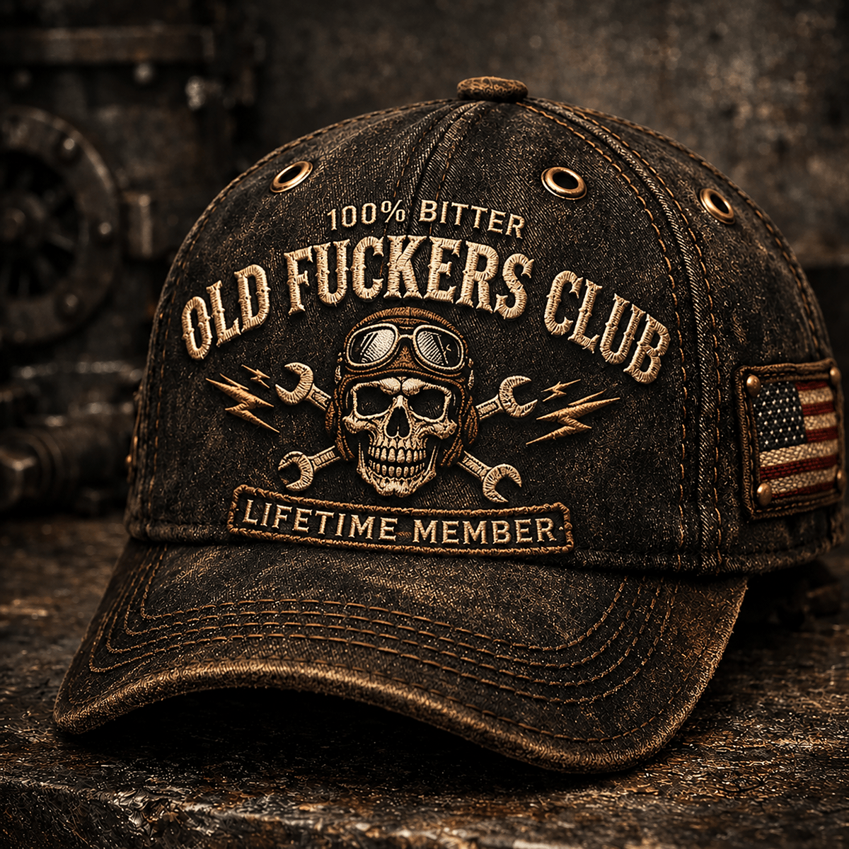 Bitter Old Fuckers Club Lifetime Member Printed Vintage Cap Skull Mechanic Wrench Biker Hat Motorcycle Rider Gift for Dad Grandpa
