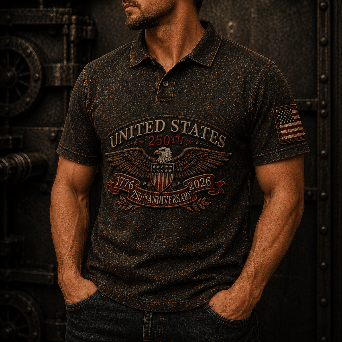 United States 250th Anniversary 1776 2026 Printed Polo Shirt Patriotic Bald Eagle USA Flag Independence Day Gift for Men