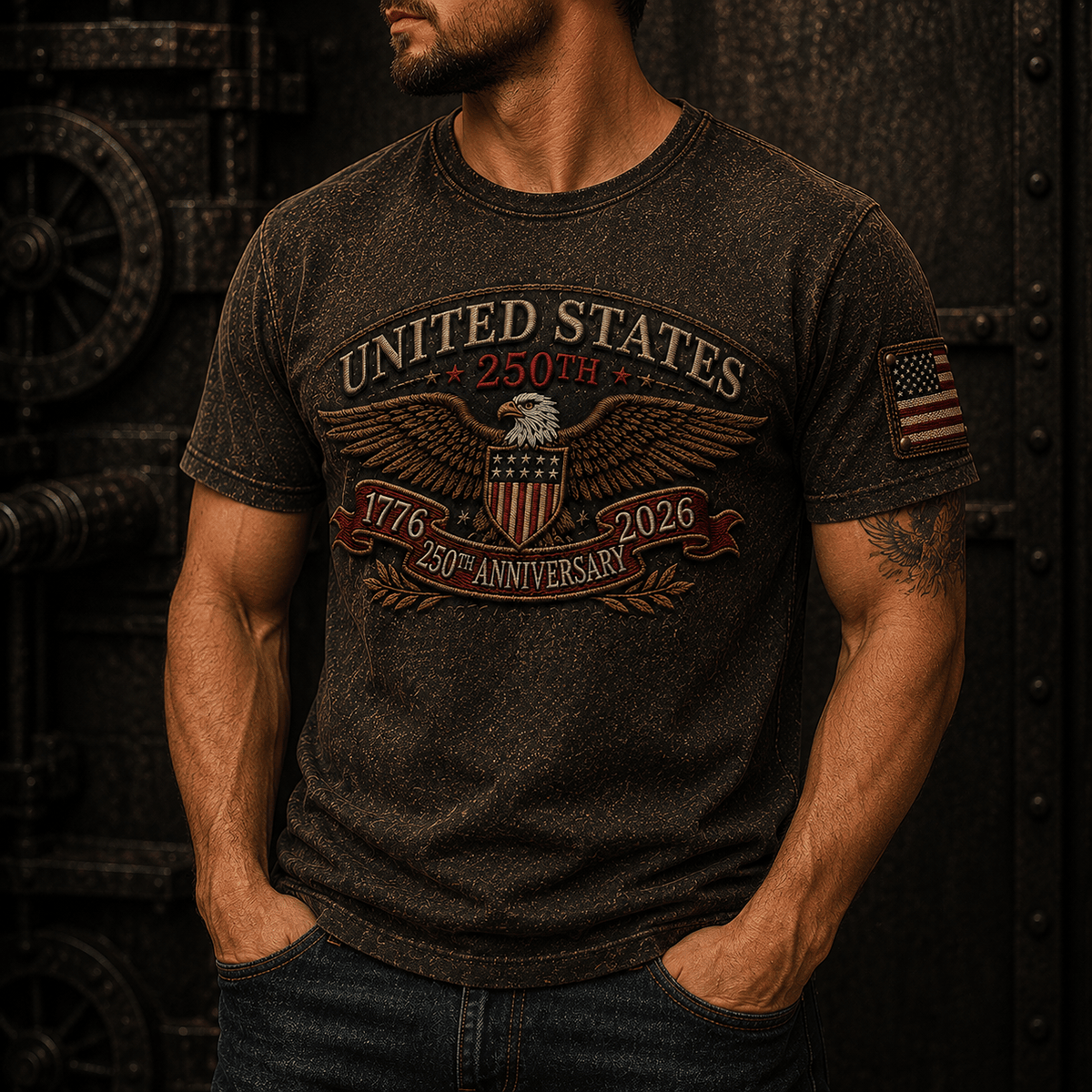 United States 250th Anniversary 1776 2026 Printed T Shirt Patriotic Bald Eagle USA Flag Independence Day Gift for Men