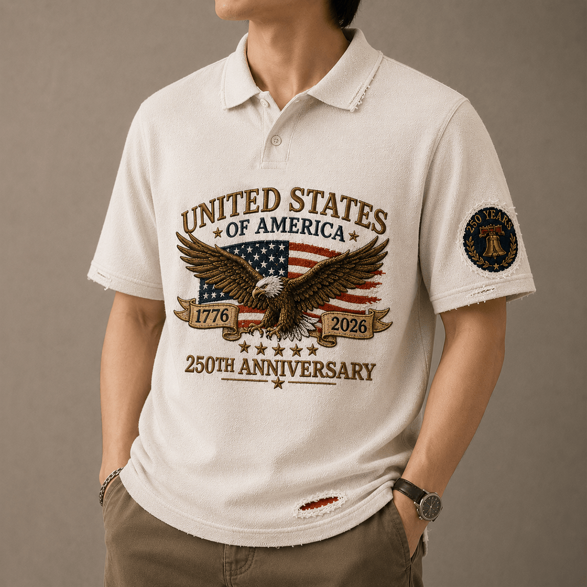 United States of America 1776 2026 250th Anniversary Printed Polo Shirt Patriotic Bald Eagle American Flag Gift for Men