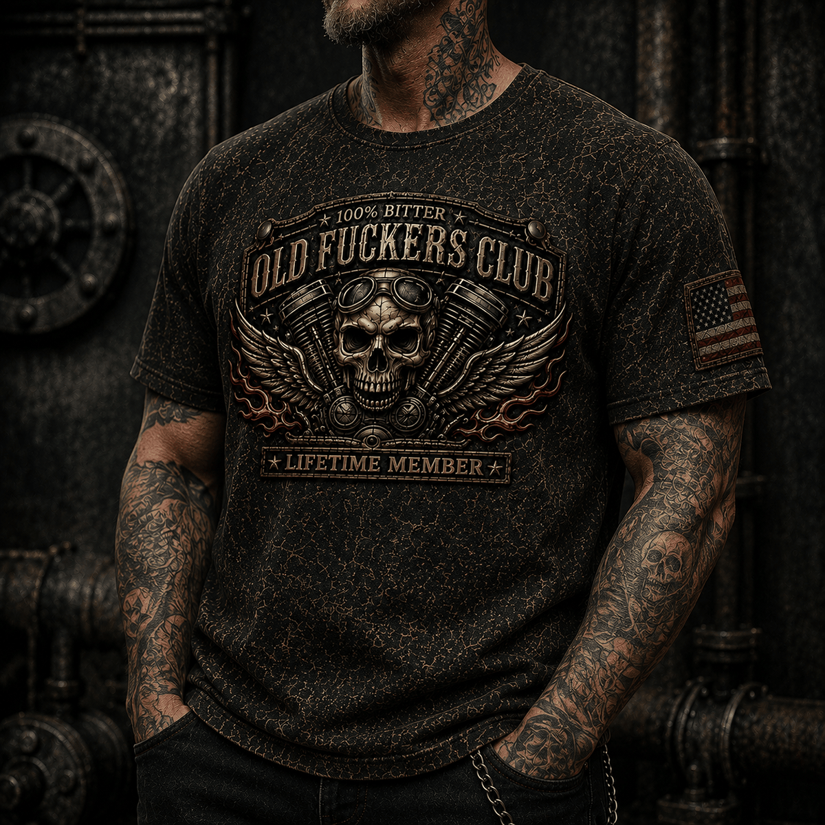 Old Fuckers Club Lifetime Member Printed T Shirt Skull With Goggles V Twin Engine Patriotic Biker Gift for Dad Grandpa