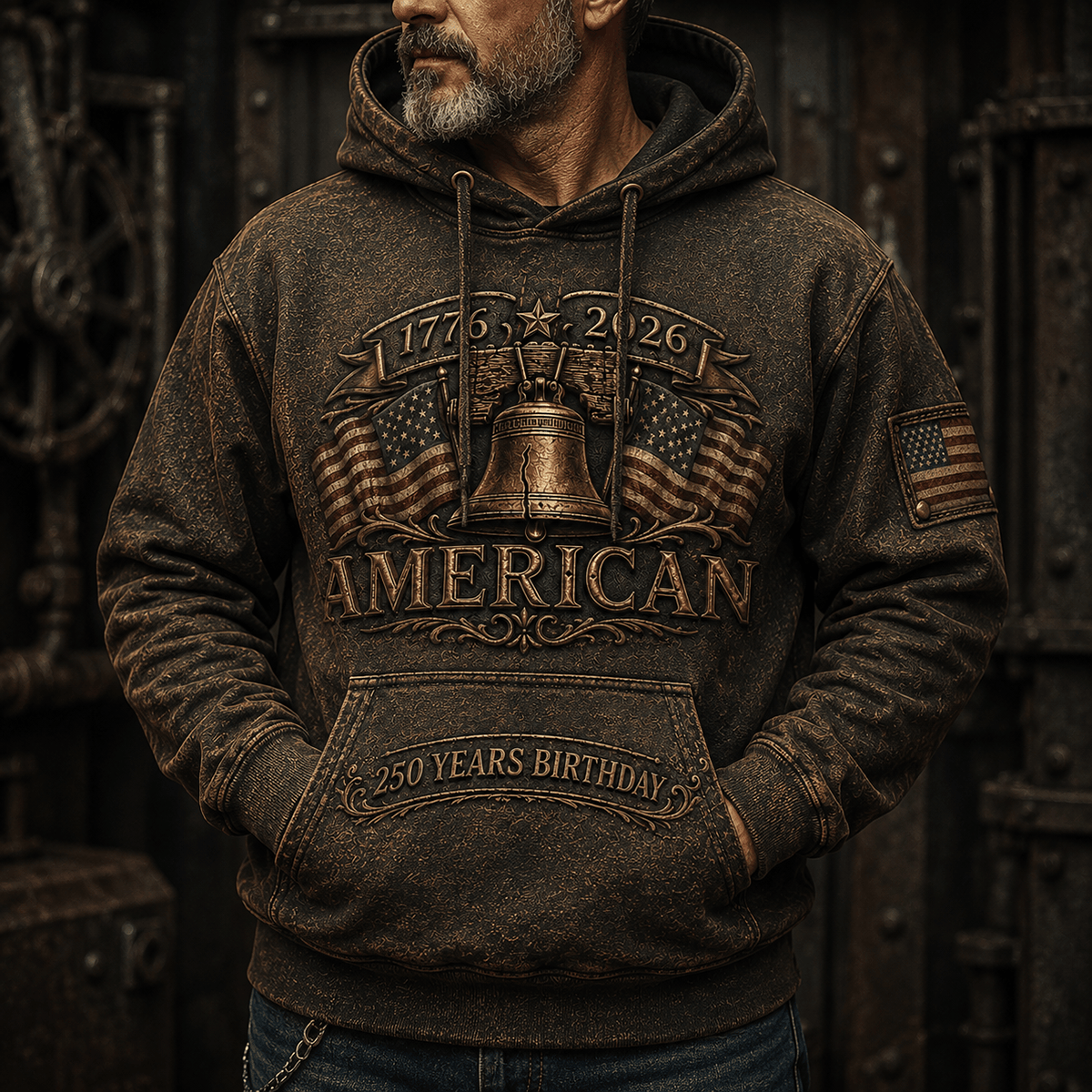 1776 2026 American 250 Years Birthday Printed Hoodie Liberty Bell Patriotic USA Flag Independence Day Gift for Men Veterans