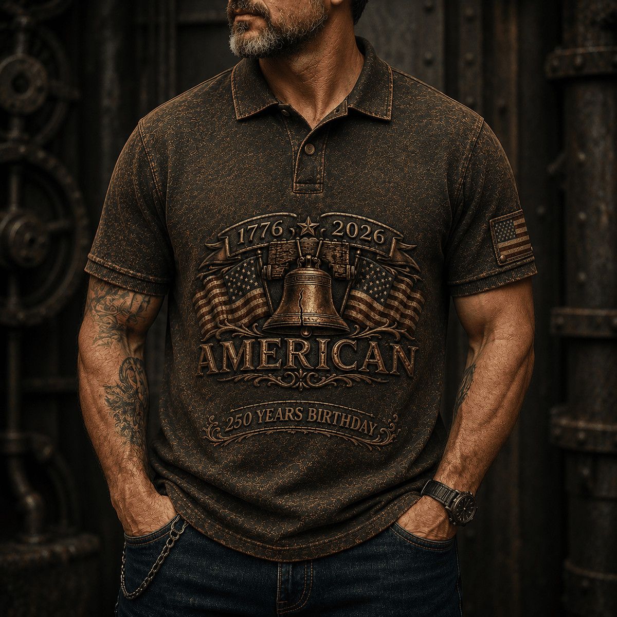 1776 2026 American 250 Years Birthday Printed Polo Shirt Liberty Bell Patriotic USA Flag Independence Day Gift for Men Veterans