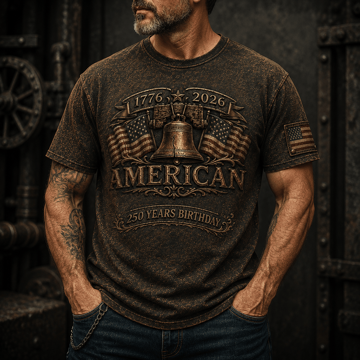 1776 2026 American 250 Years Birthday Printed T Shirt Liberty Bell Patriotic USA Flag Independence Day Gift for Men Veterans