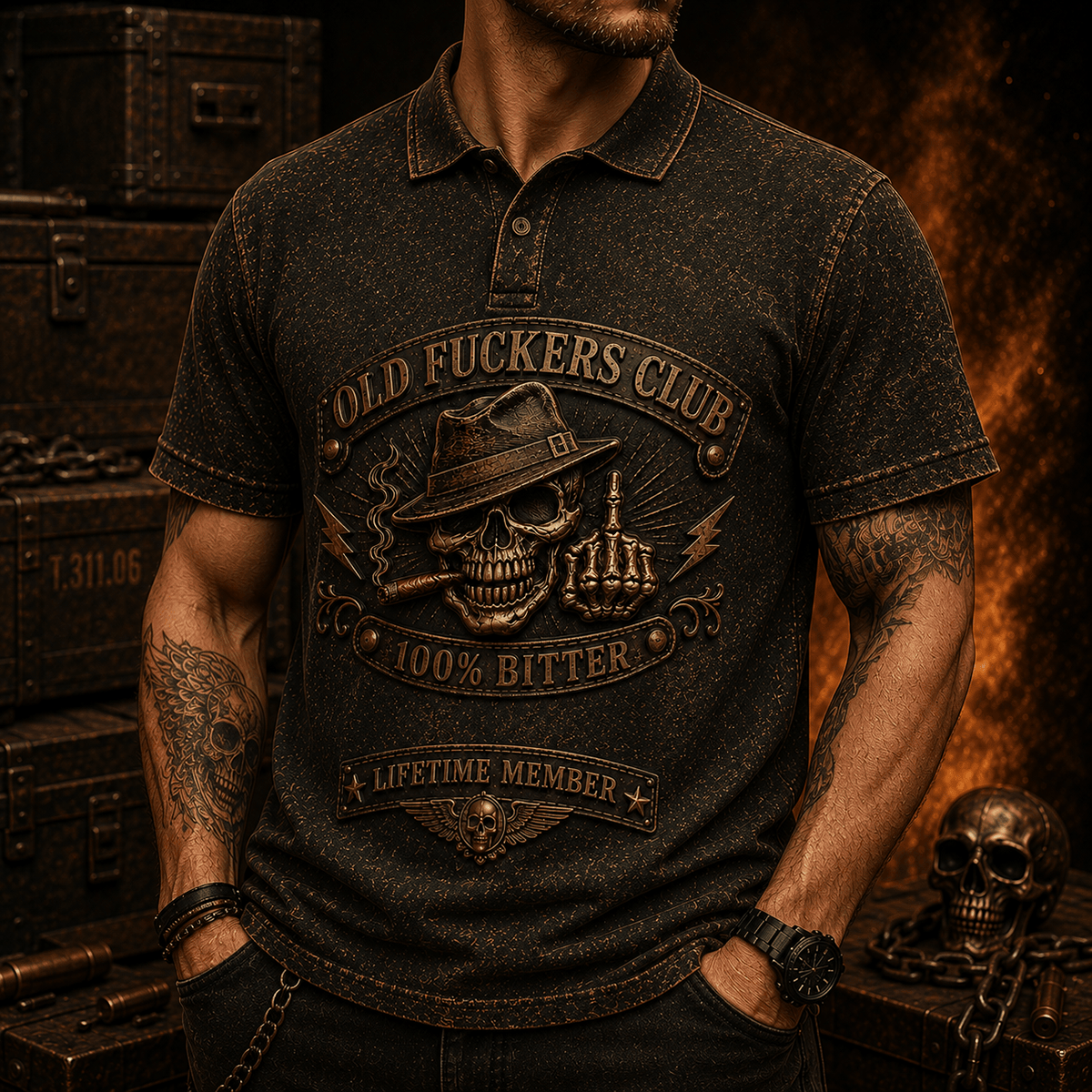 Old Fuckers Club Bitter Lifetime Member Printed Polo Shirt Skull Cigar Vintage Biker Gift for Dad Grandpa Motorcycle Rider
