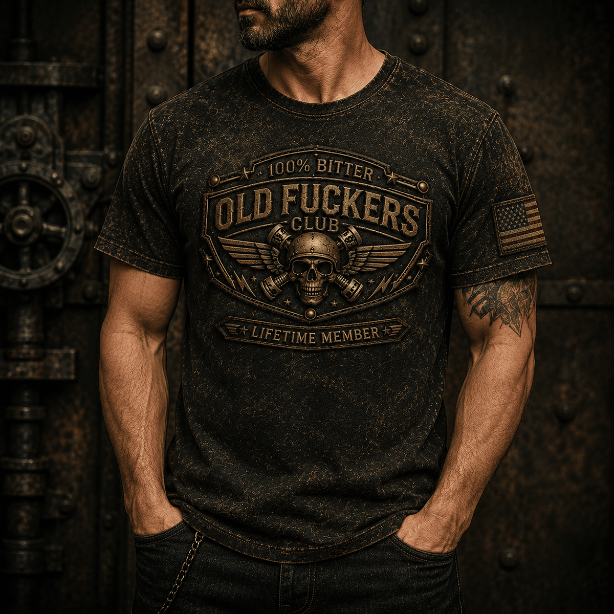 Old Fuckers Club Bitter Lifetime Member Printed T Shirt Skull Piston Vintage Biker Motorcycle Rider Gift for Dad Grandpa