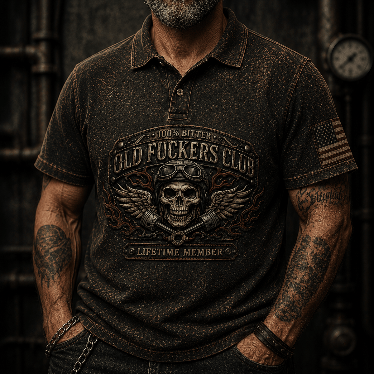 Old Fuckers Club Bitter Lifetime Member Printed Polo Shirt Skull Pilot Goggles Piston Vintage Biker Motorcycle Rider Gift for Men