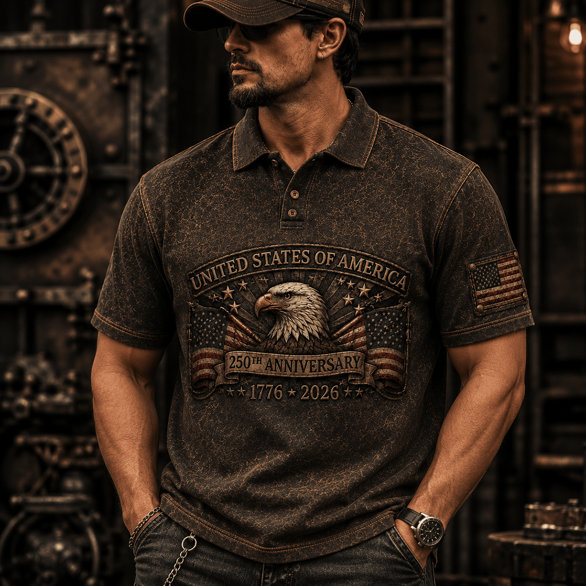 United States Of America 250th Anniversary 1776 2026 Printed Polo Shirt Eagle Flag Patriotic Independence Day Gift for Men