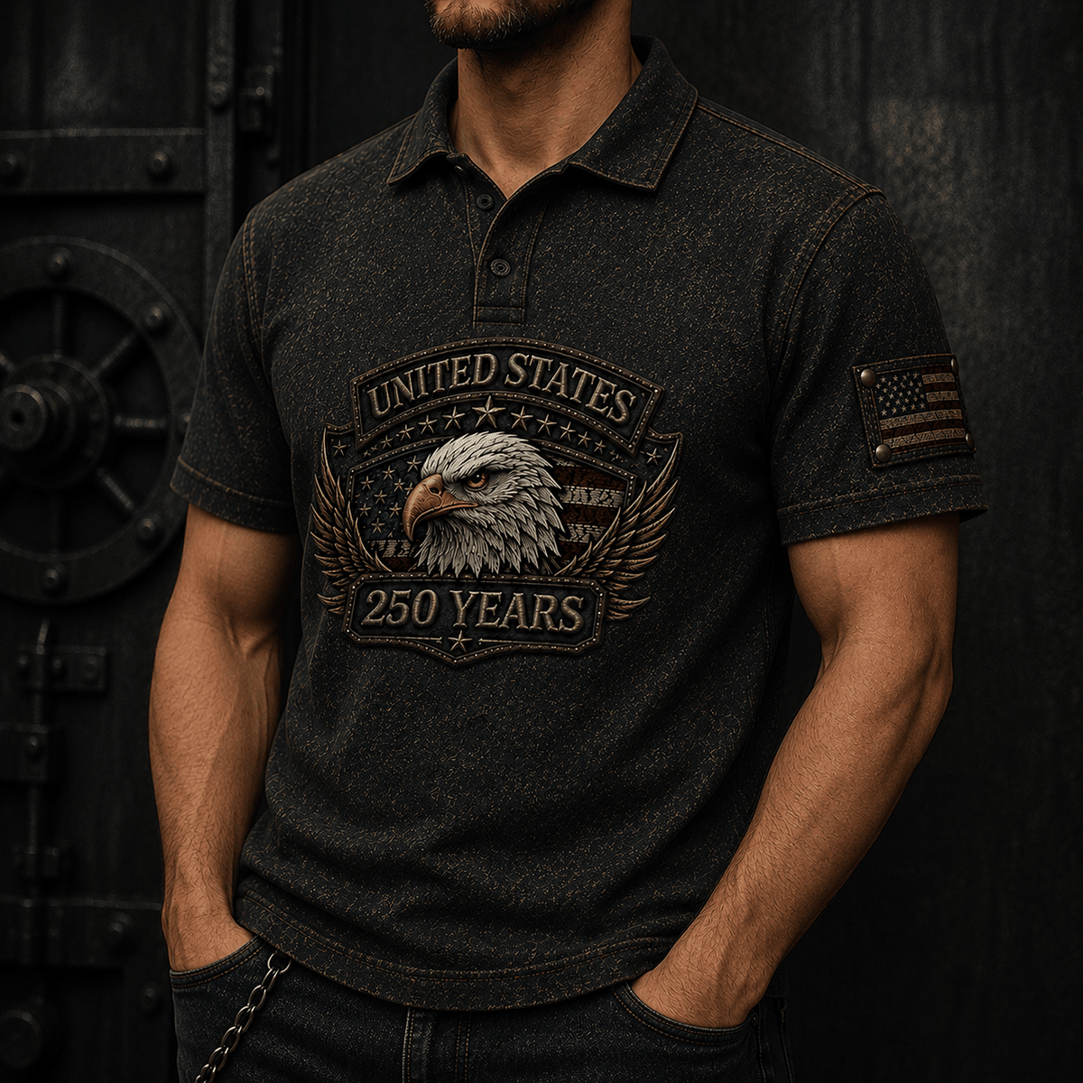 United States 250 Years Printed Polo Shirt Eagle American Flag Patriotic Independence Day Veteran Gift for Men