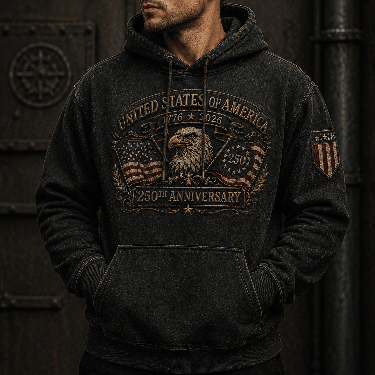 United States of America 1776 2026 250th Anniversary Printed Hoodie Bald Eagle American Flag Patriotic Independence Day Gift