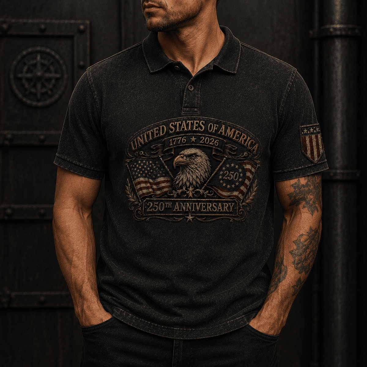 United States of America 1776 2026 250th Anniversary Printed Polo Shirt Bald Eagle American Flag Patriotic Gift for Dad