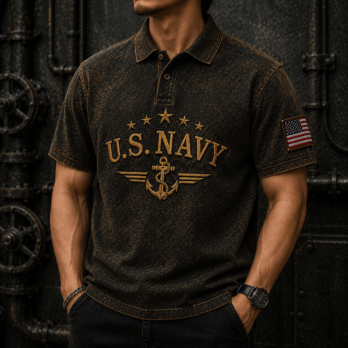 U.S. Navy Printed Polo Shirt Anchor Military Veteran American Flag Patriotic Gift for Men Navy Veteran Gift Military Gift