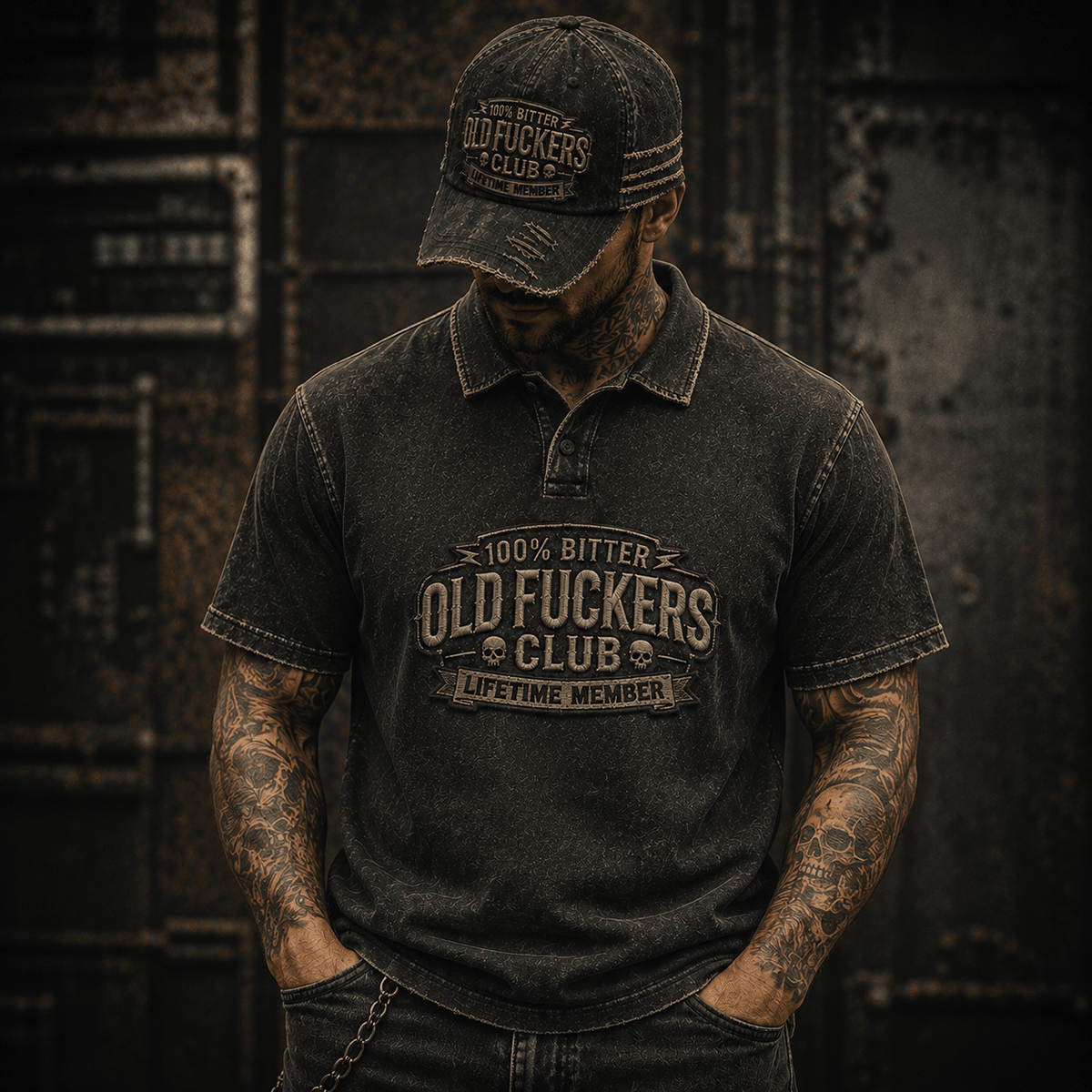 Bitter Old Fuckers Club Lifetime Member Printed Polo Shirt Funny Vintage Skull Gift for Men Grandpa Biker Gift