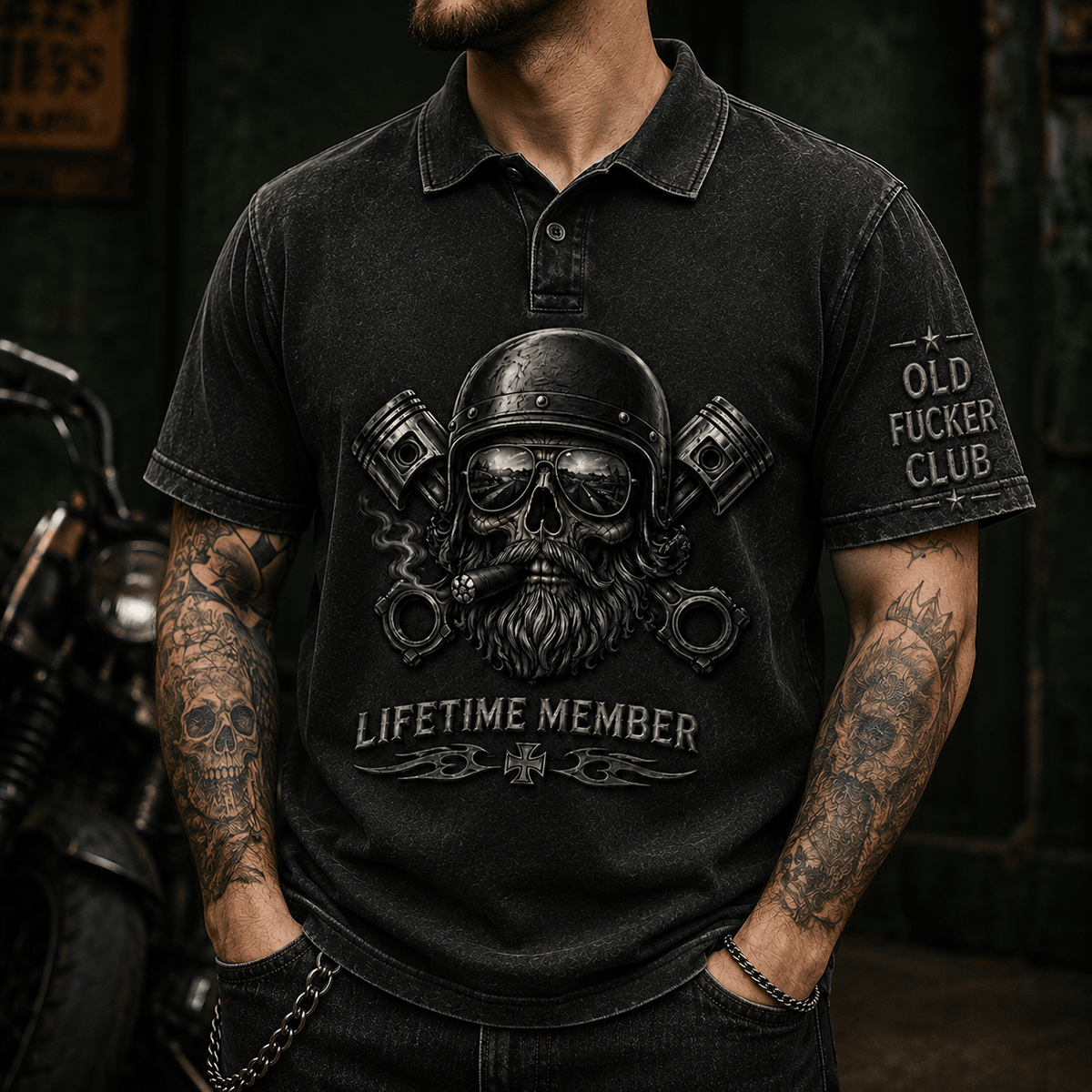 Old Fucker Club Lifetime Member Printed Polo Shirt Skull Biker Motorcycle Rider Gift for Men Vintage Graphic