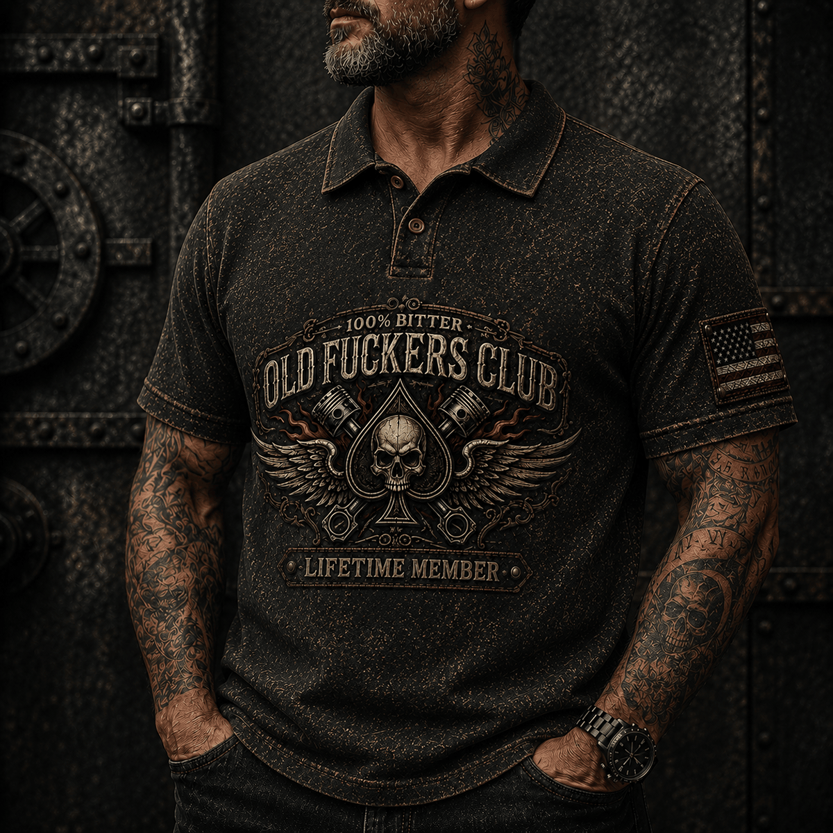 Old Fuckers Club Lifetime Member Printed Polo Shirt Skull Spade Wings Piston Biker Motorcycle Graphic Gift for Men