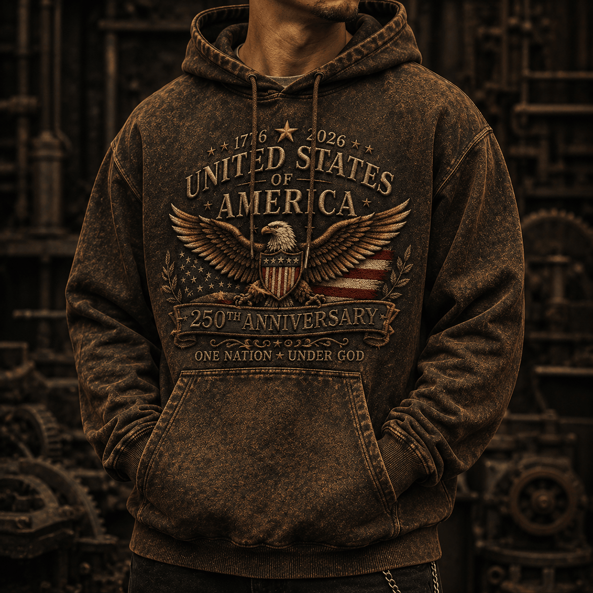 United States of America 250th Anniversary 1776 2026 Eagle Printed Hoodie Patriotic American Flag One Nation Under God Gift