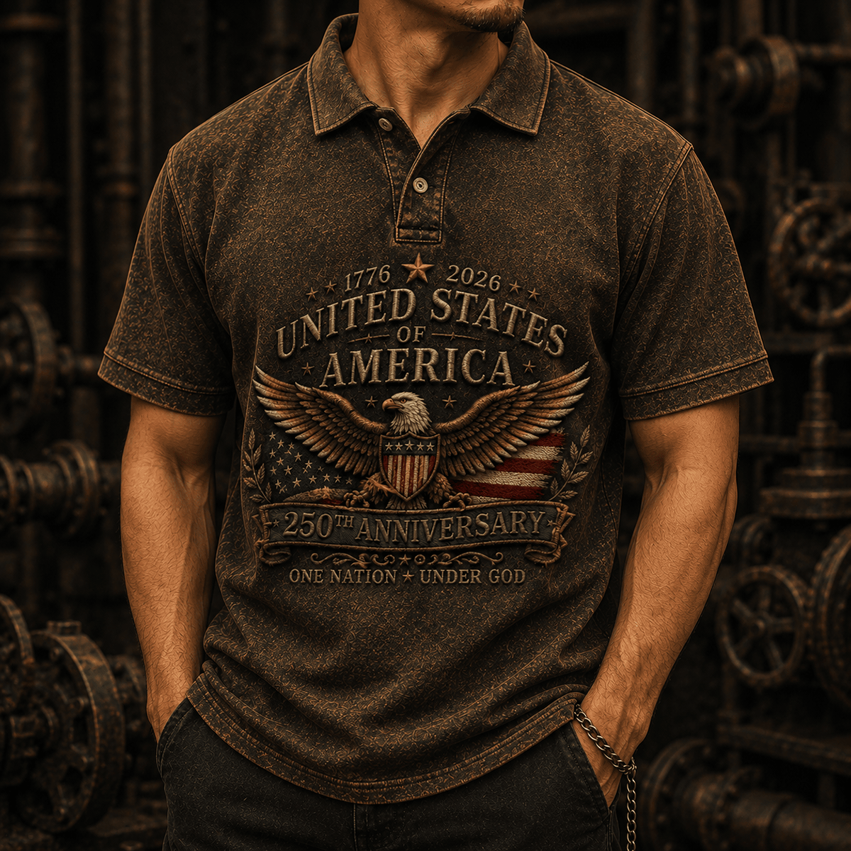 United States of America 250th Anniversary 1776 2026 Eagle Printed Polo Shirt Patriotic American Flag One Nation Under God Gift
