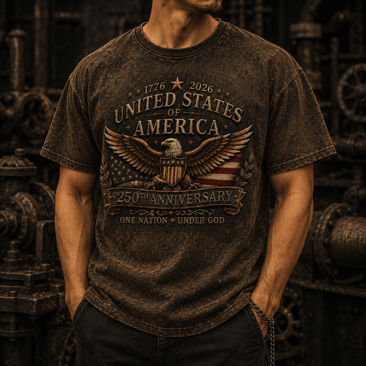 United States of America 250th Anniversary 1776 2026 Eagle Printed T Shirt Patriotic American Flag One Nation Under God Gift