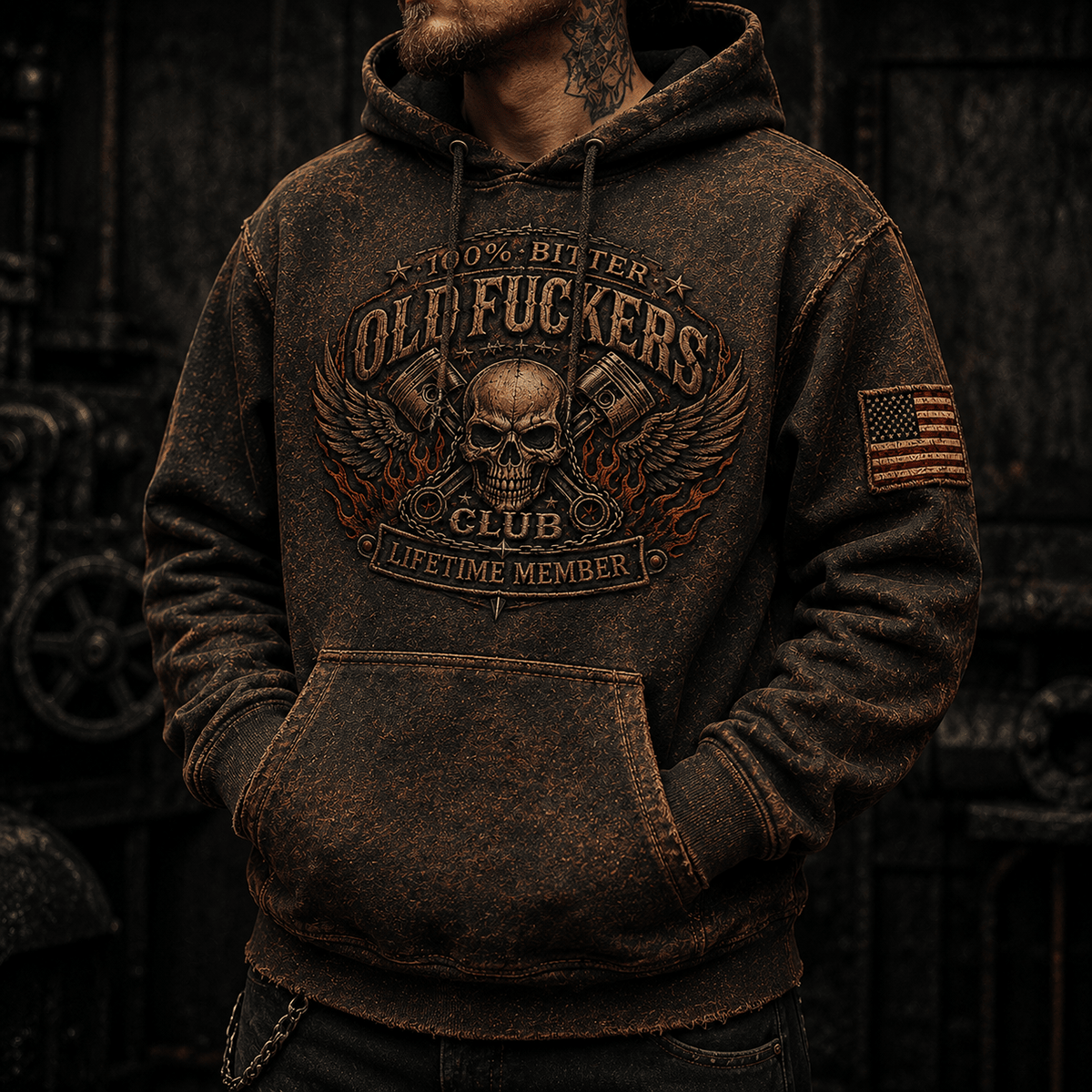Bitter Old Fuckers Club Lifetime Member Skull Wings Printed Hoodie Vintage Biker Motorcycle Graphic Hooded Sweatshirt Gift