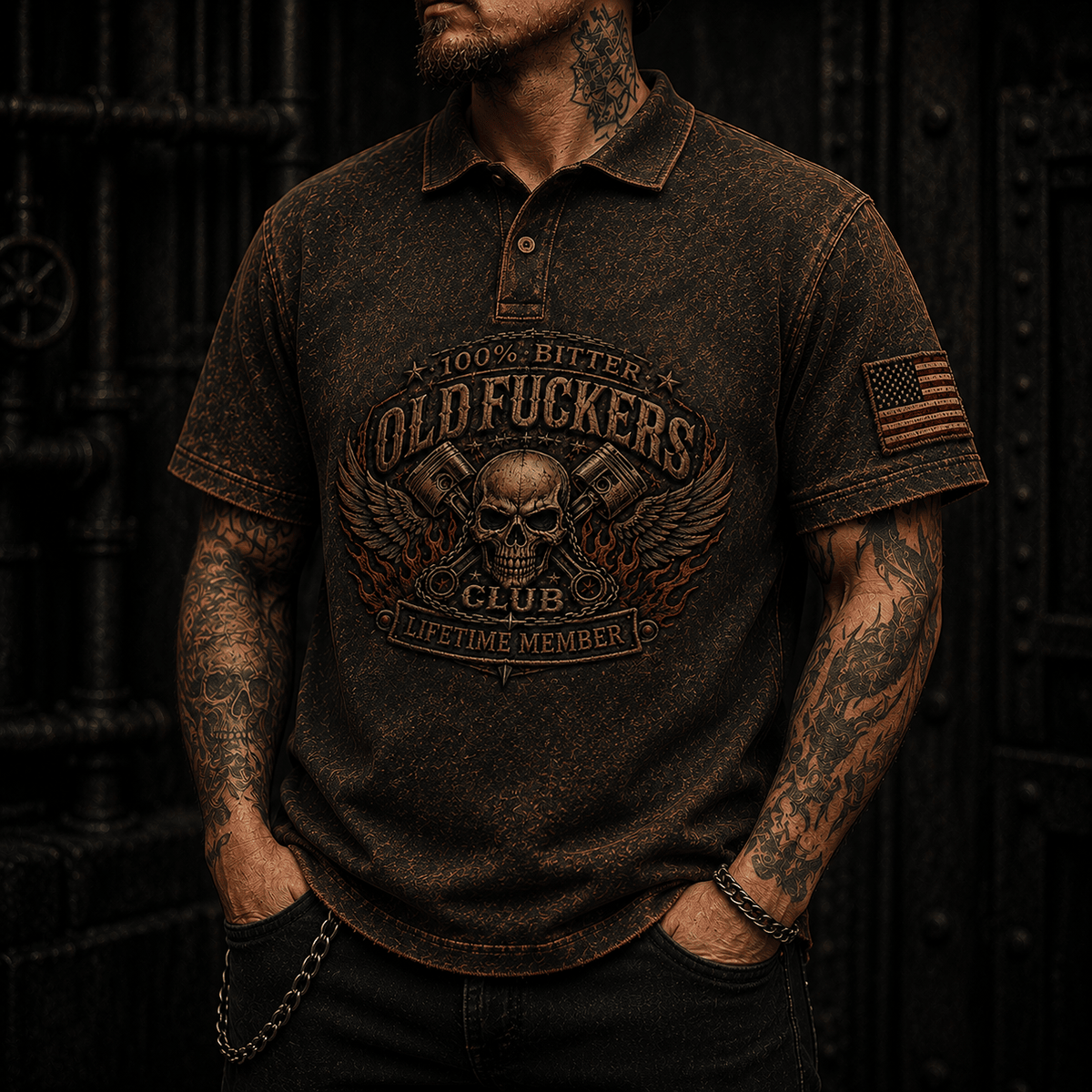 Bitter Old Fuckers Club Lifetime Member Skull Wings Printed Polo Shirt Vintage Biker Motorcycle Graphic Gift for Men
