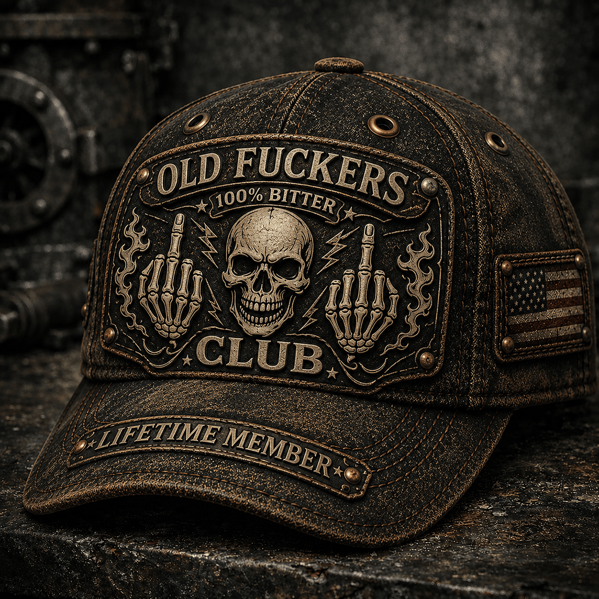 Old Fuckers Club Bitter Lifetime Member Printed Cap Skull Middle Finger Vintage Trucker Hat Patriotic Gift for Dad Grandpa Biker Veteran