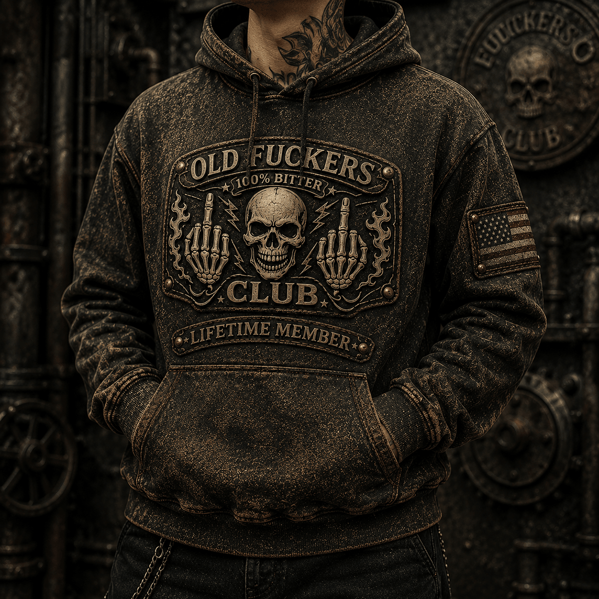 Old Fuckers Club Bitter Lifetime Member Printed Hoodie Skull Middle Finger Vintage Graphic Pullover Gift for Dad Grandpa Biker