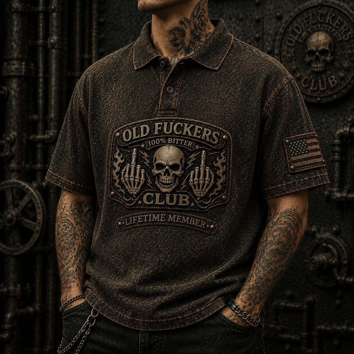 Old Fuckers Club Bitter Lifetime Member Printed Polo Shirt Skull Middle Finger Vintage Graphic Patriotic Gift for Dad Grandpa