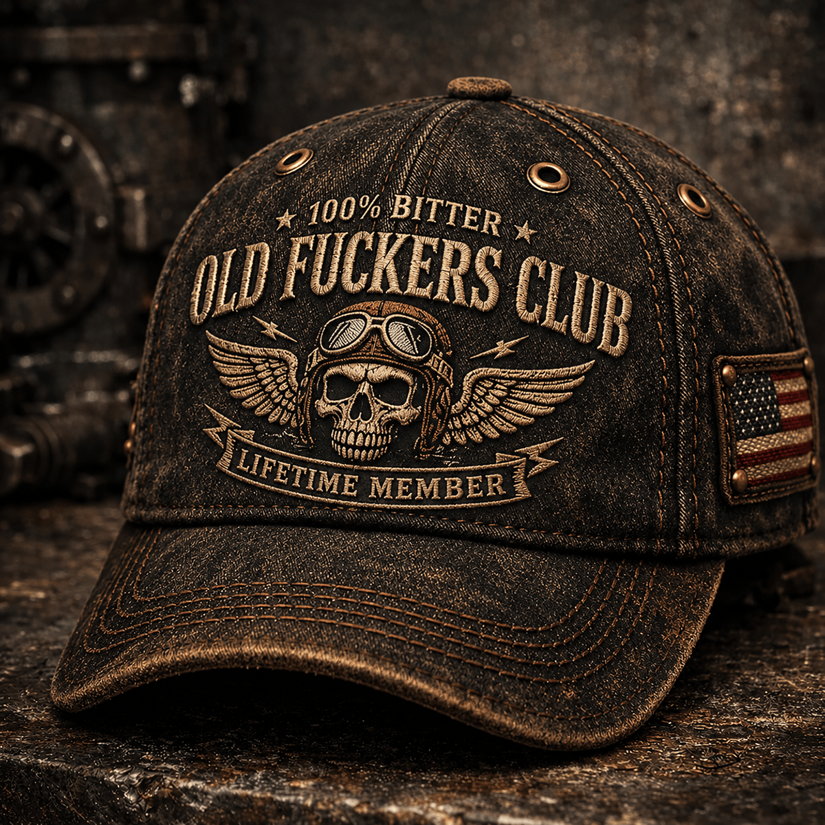 Bitter Old Fuckers Club Lifetime Member Printed Cap Vintage Skull Aviator Trucker Hat Patriotic Gift for Dad Grandpa Biker Veteran