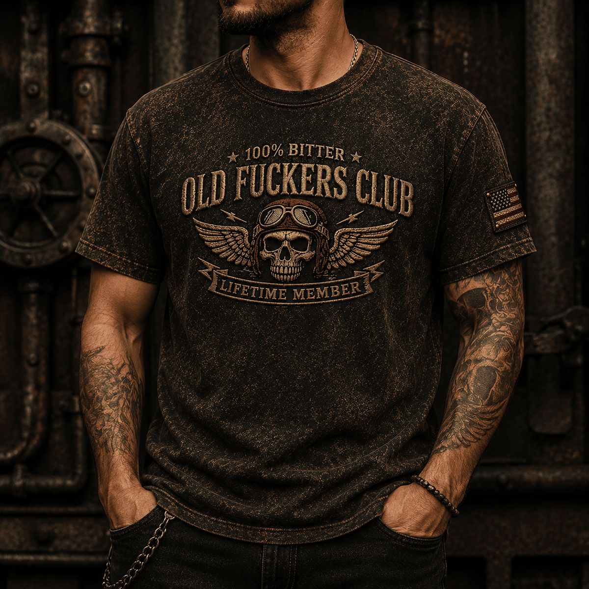 Bitter Old Fuckers Club Lifetime Member Printed T Shirt Vintage Skull Aviator Graphic Patriotic Gift for Dad Grandpa Biker