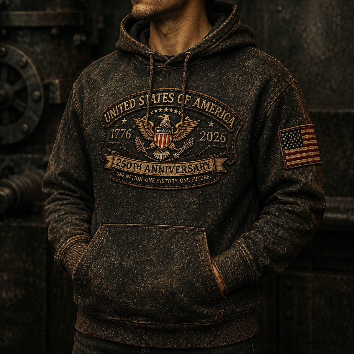 United States of America 1776 2026 250th Anniversary One Nation One History One Future Printed Hoodie Patriotic Eagle Veteran Gift for Men