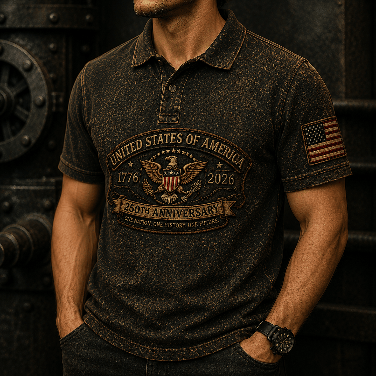 United States of America 1776 2026 250th Anniversary One Nation One History One Future Printed Polo Shirt Patriotic Eagle Veteran Gift