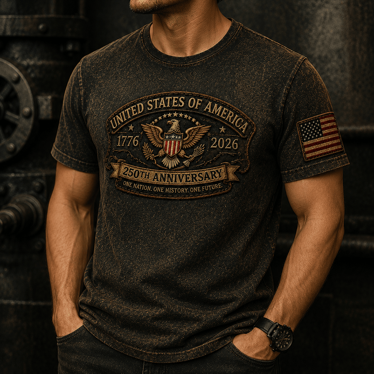 United States of America 1776 2026 250th Anniversary One Nation One History One Future Printed T Shirt Patriotic Eagle Veteran Gift for Men