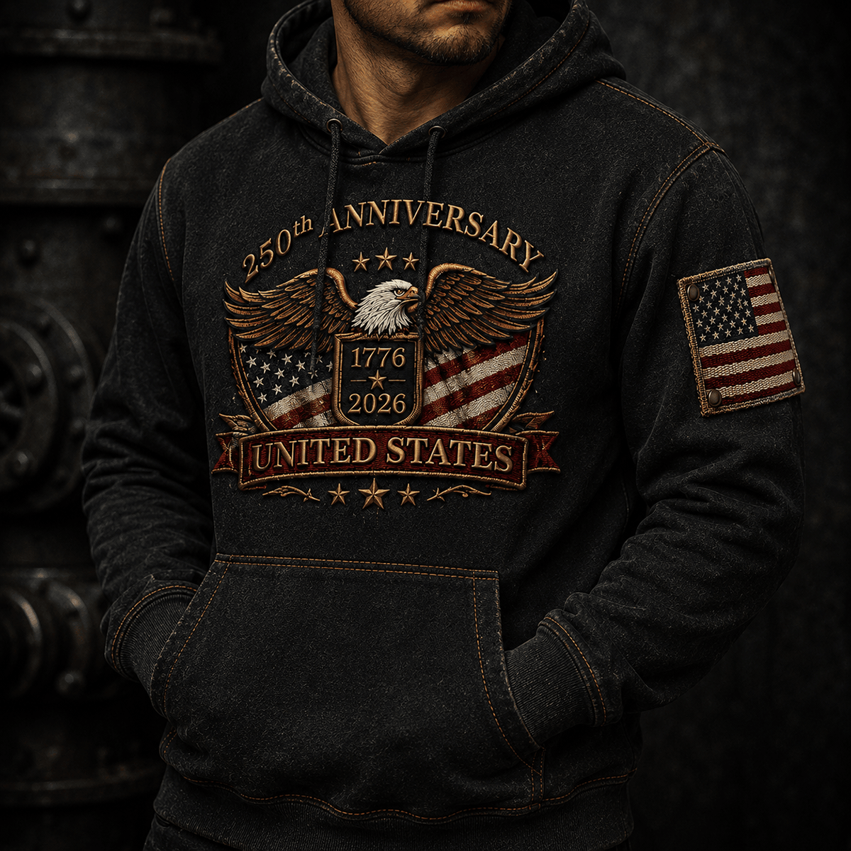 250th Anniversary 1776 2026 United States Printed Hoodie Patriotic Eagle American Flag Independence Day Veteran Gift for Men