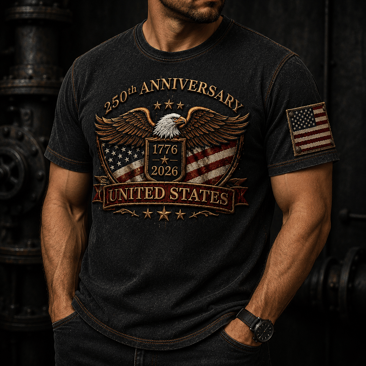 250th Anniversary 1776 2026 United States Printed T Shirt Patriotic Eagle American Flag Independence Day Veteran Gift for Men