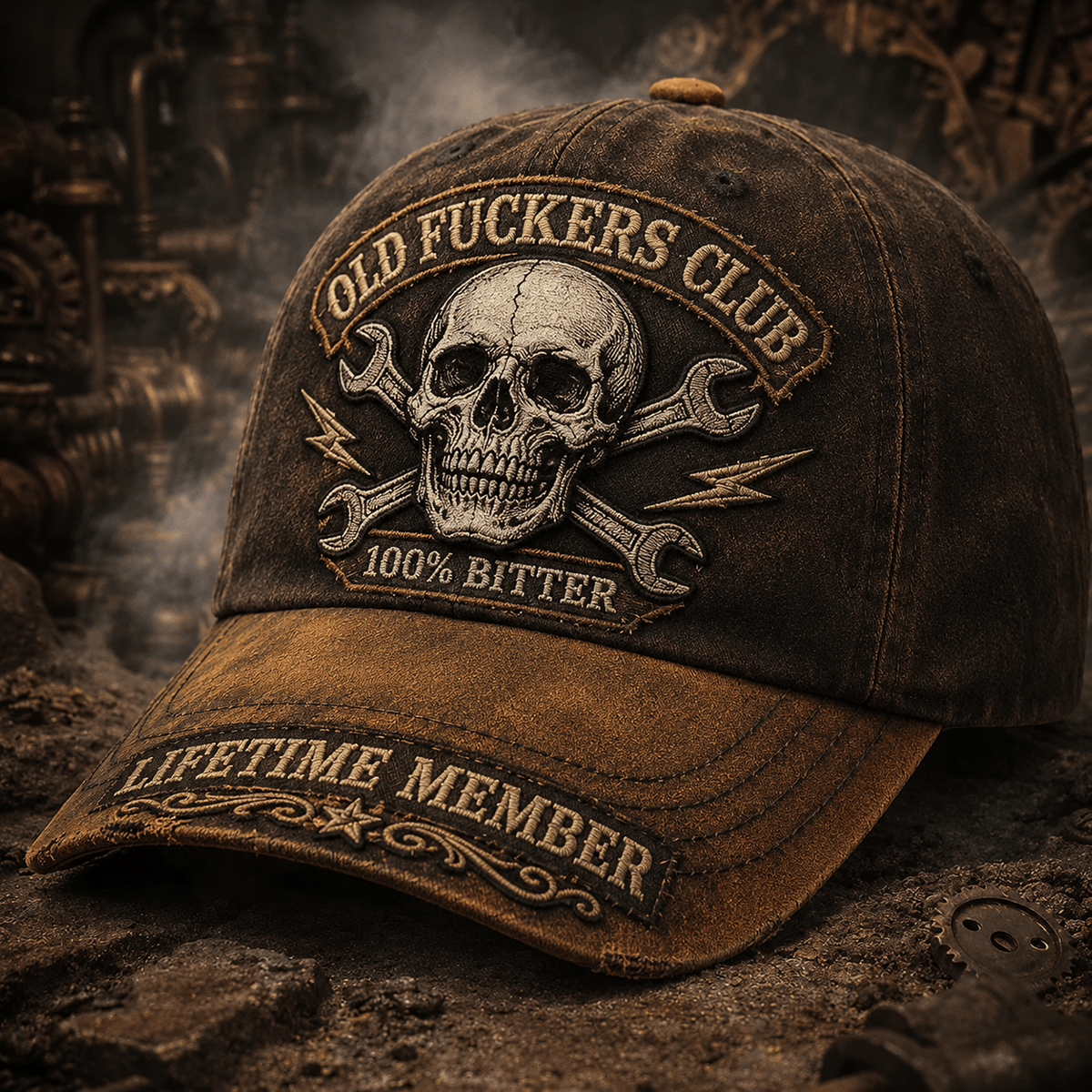 Old Fuckers Club Lifetime Member Printed Cap Skull Wrench Mechanic Vintage Trucker Hat Gift for Dad Grandpa Biker Motorcycle