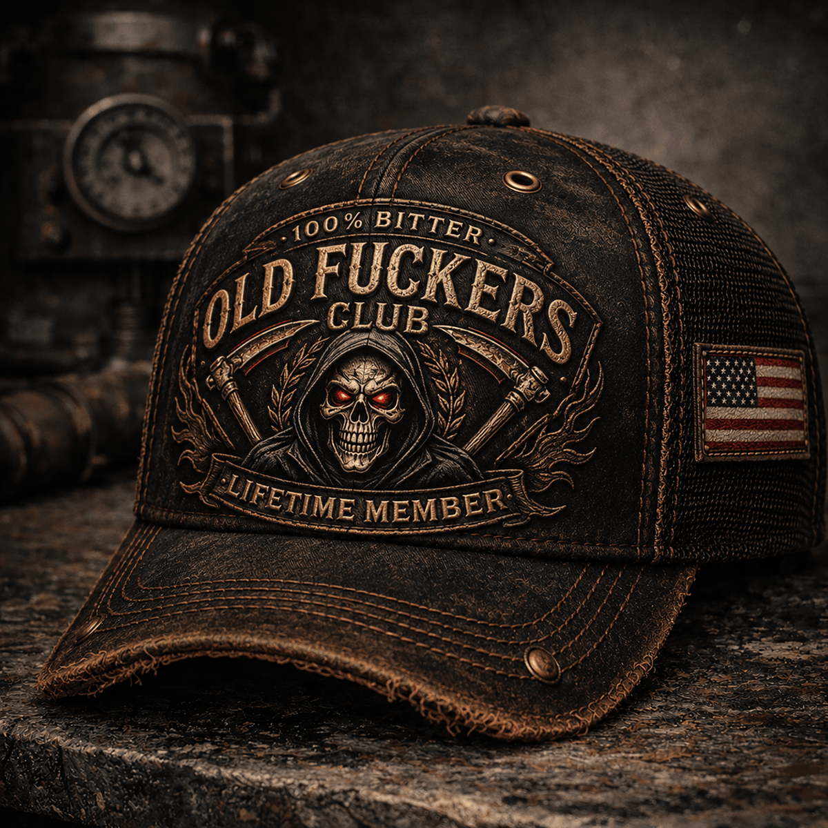 Bitter Old Fuckers Club Lifetime Member Printed Cap Grim Reaper Skull Vintage Trucker Hat Biker Mechanic Gift for Dad Grandpa