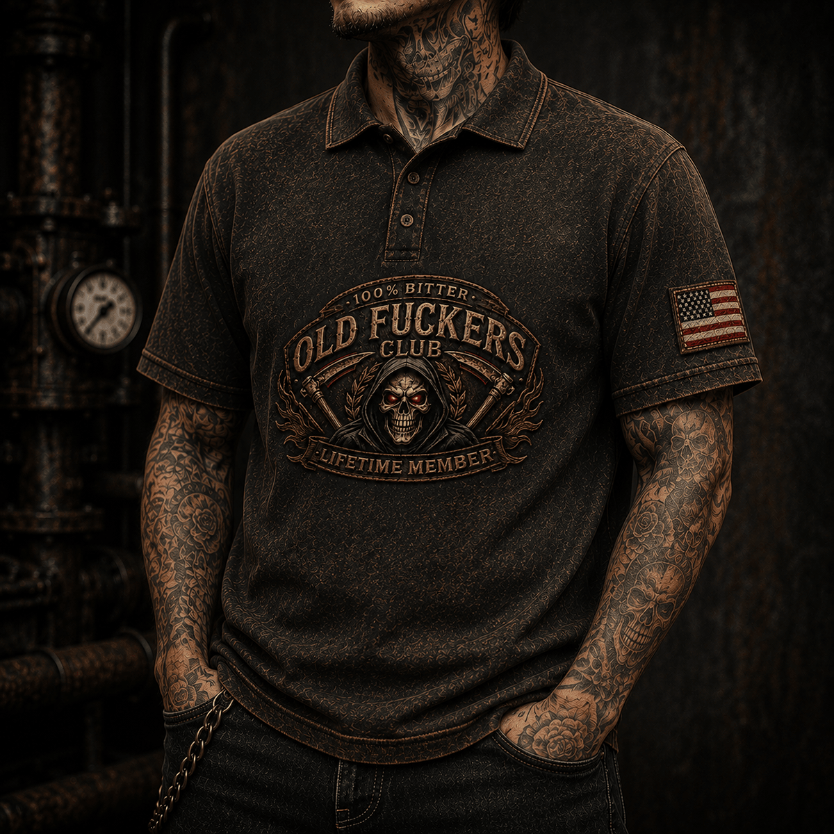 100% Bitter Old Fuckers Club Lifetime Member Printed Polo Shirt Grim Reaper Skull Vintage Graphic Biker Mechanic Gift for Dad Grandpa