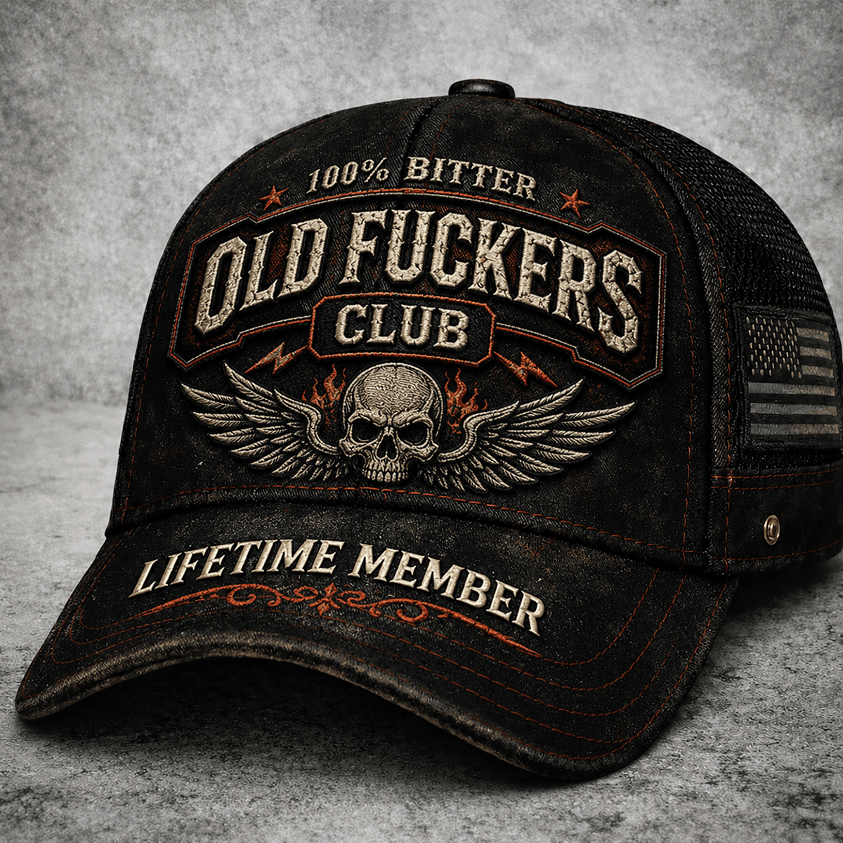 Old Fuckers Club Lifetime Member Printed Cap Winged Skull Vintage Trucker Hat Biker Mechanic Gift for Dad Grandpa Motorcycle