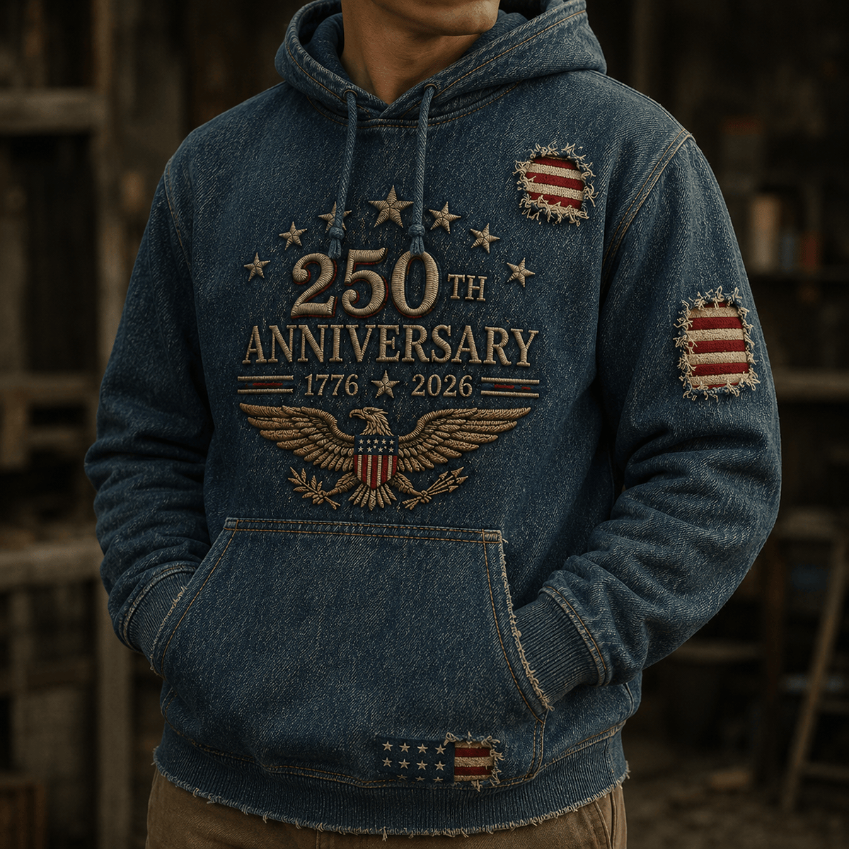 250th Anniversary 1776 2026 Eagle Printed Hoodie American Flag Patriotic Independence Day USA Veterans Gift for Men Dad Grandpa