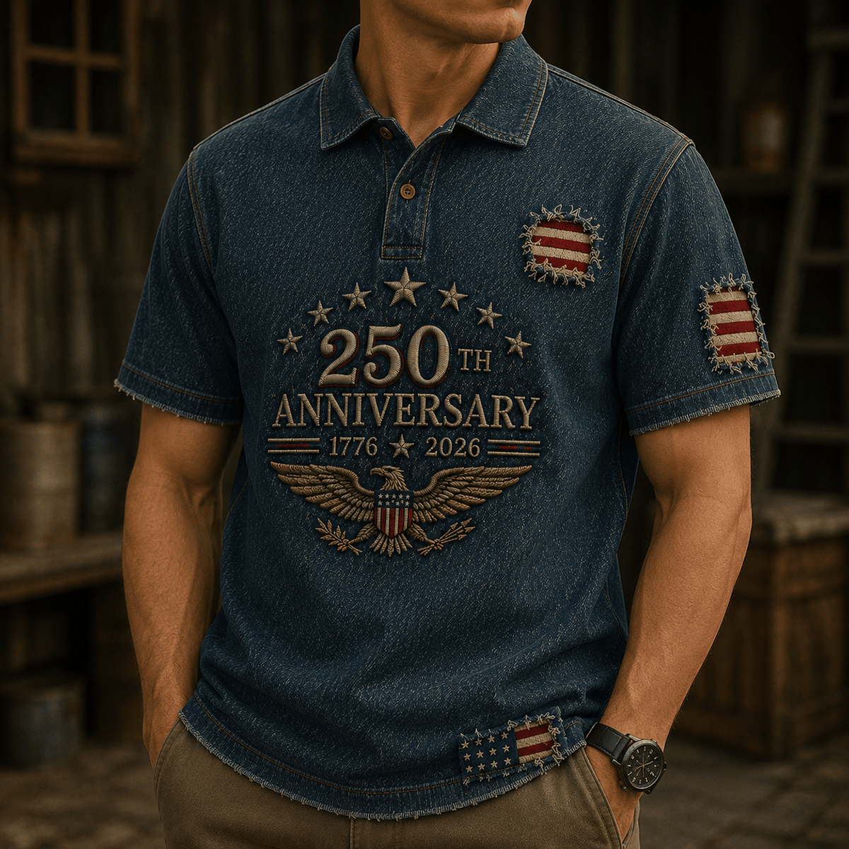 250th Anniversary 1776 2026 Eagle Printed Polo Shirt American Flag Patriotic Independence Day USA Veterans Gift for Men Dad Grandpa