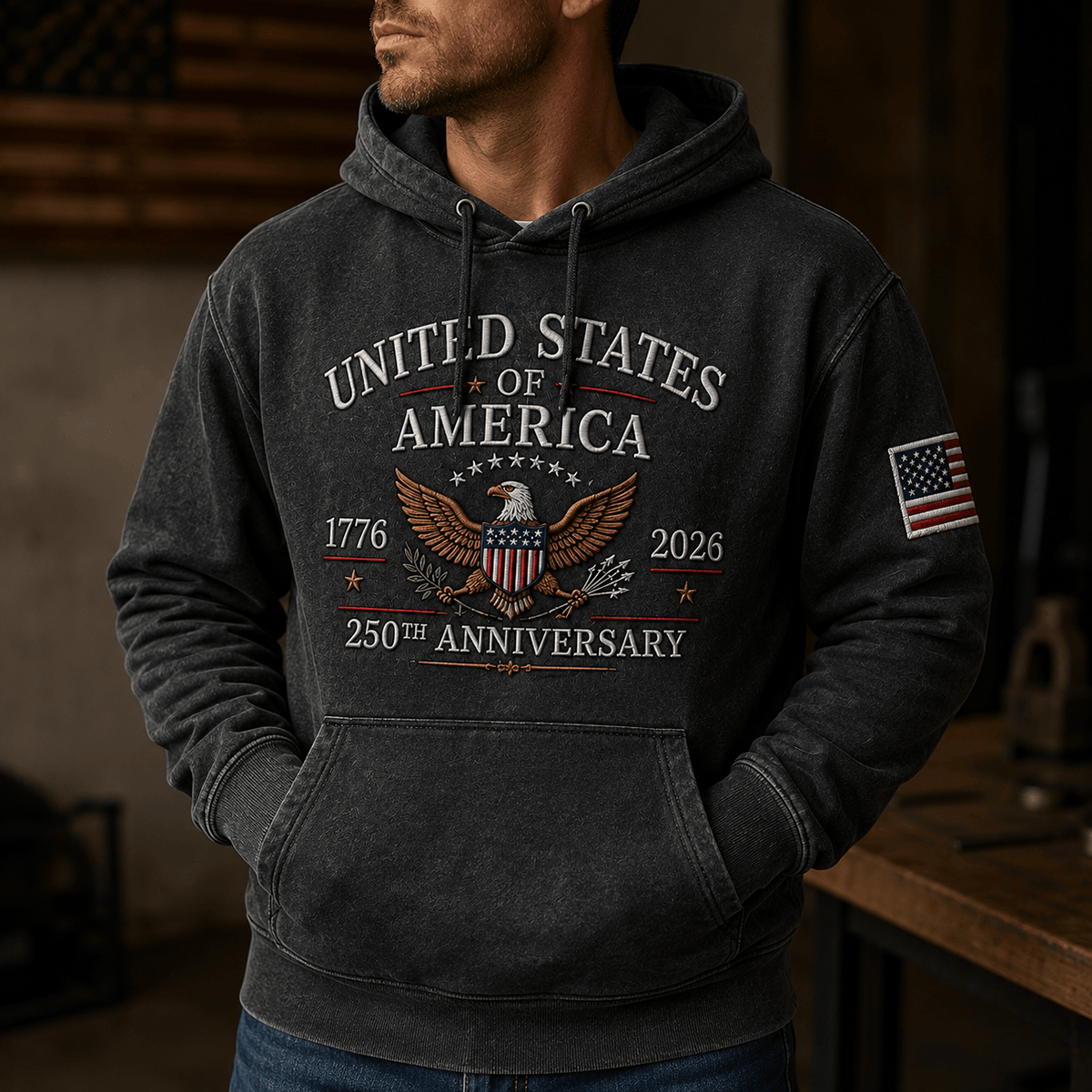 United States of America 1776 2026 250th Anniversary Eagle Printed Hoodie Patriotic USA Independence Day Veteran Gift for Men Dad Grandpa