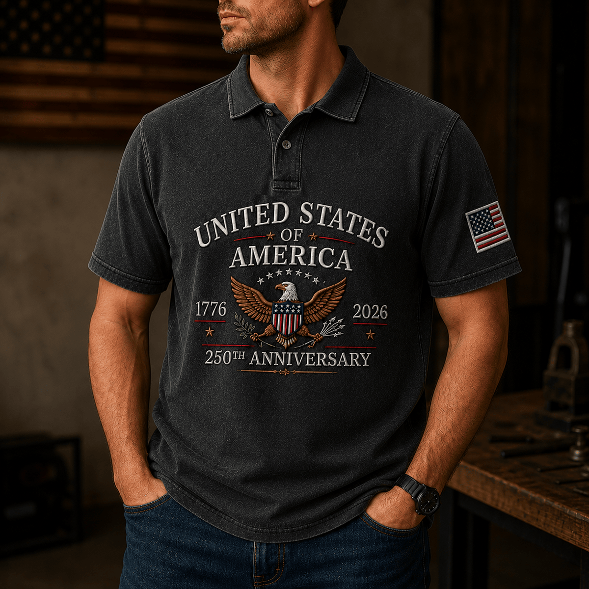 United States of America 1776 2026 250th Anniversary Eagle Printed Polo Shirt Patriotic USA Independence Day Veteran Gift for Men Dad Grandpa