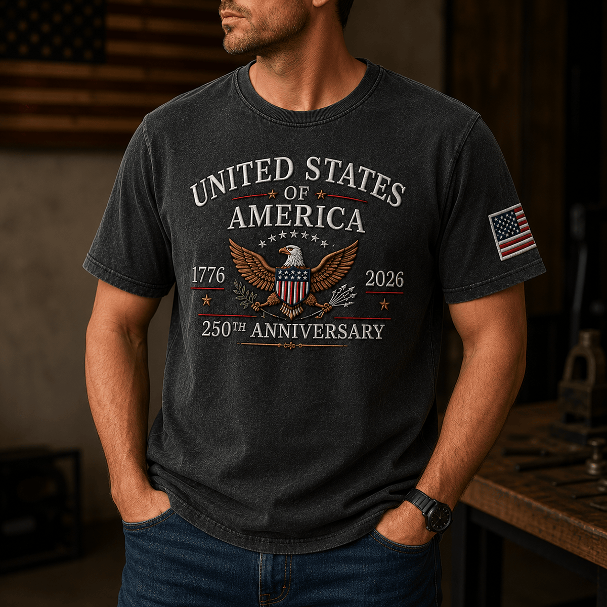 United States of America 1776 2026 250th Anniversary Eagle Printed T Shirt Patriotic USA Independence Day Veteran Gift for Men Dad Grandpa