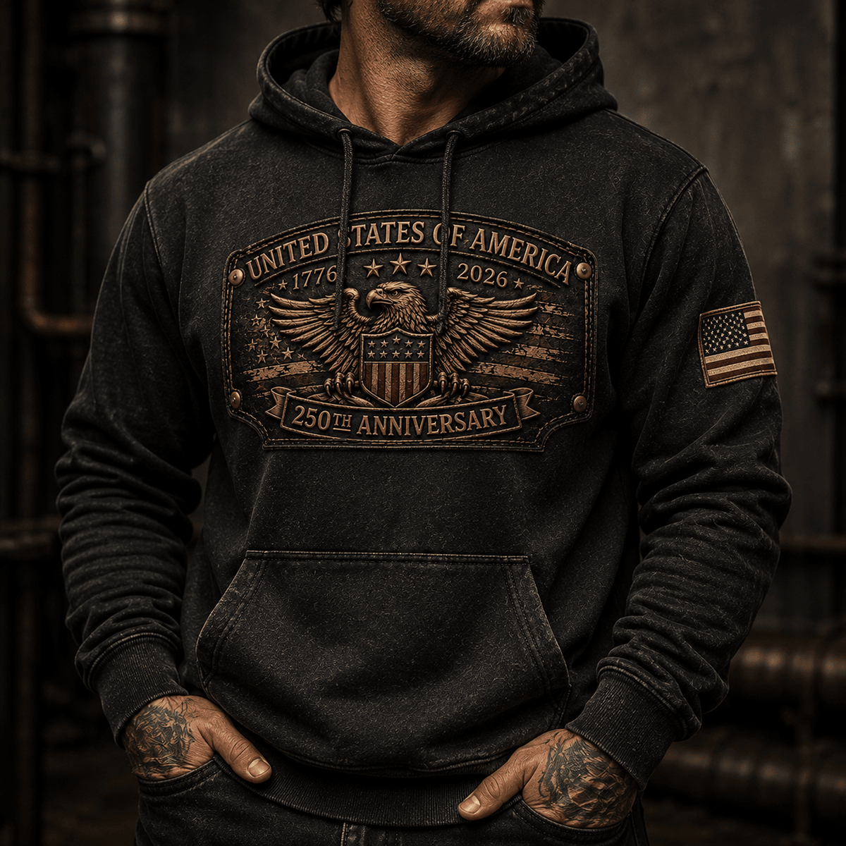 United States of America 250th Anniversary 1776-2026 Eagle Printed Hoodie Patriotic USA Independence Day Veteran Gift for Men Dad Grandpa
